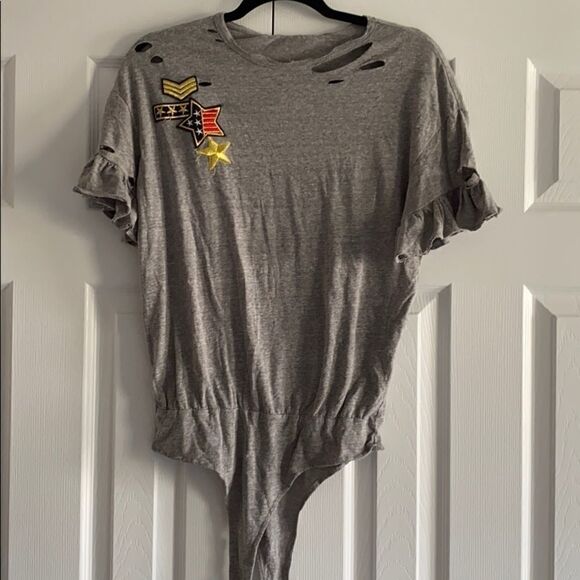 Dance & Marvel Grey Patch Ruffle Sleeve Bodysuit with Distressed Holes - Picture 1 of 8
